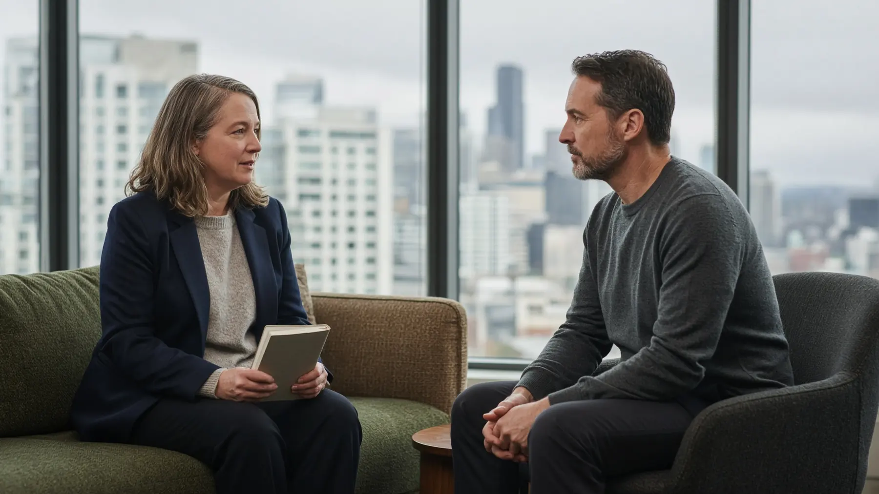 Two professionals talking in a Pacific Northwest office lounge
