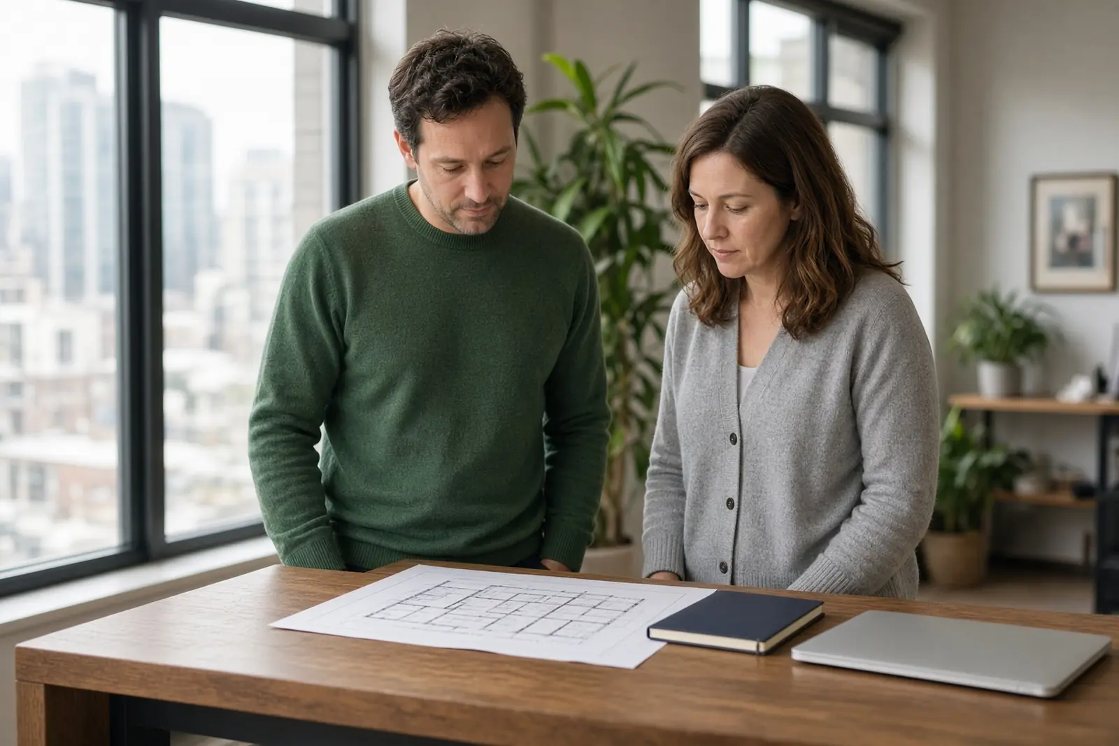 IT specialist and property operations manager reviewing printed plans together