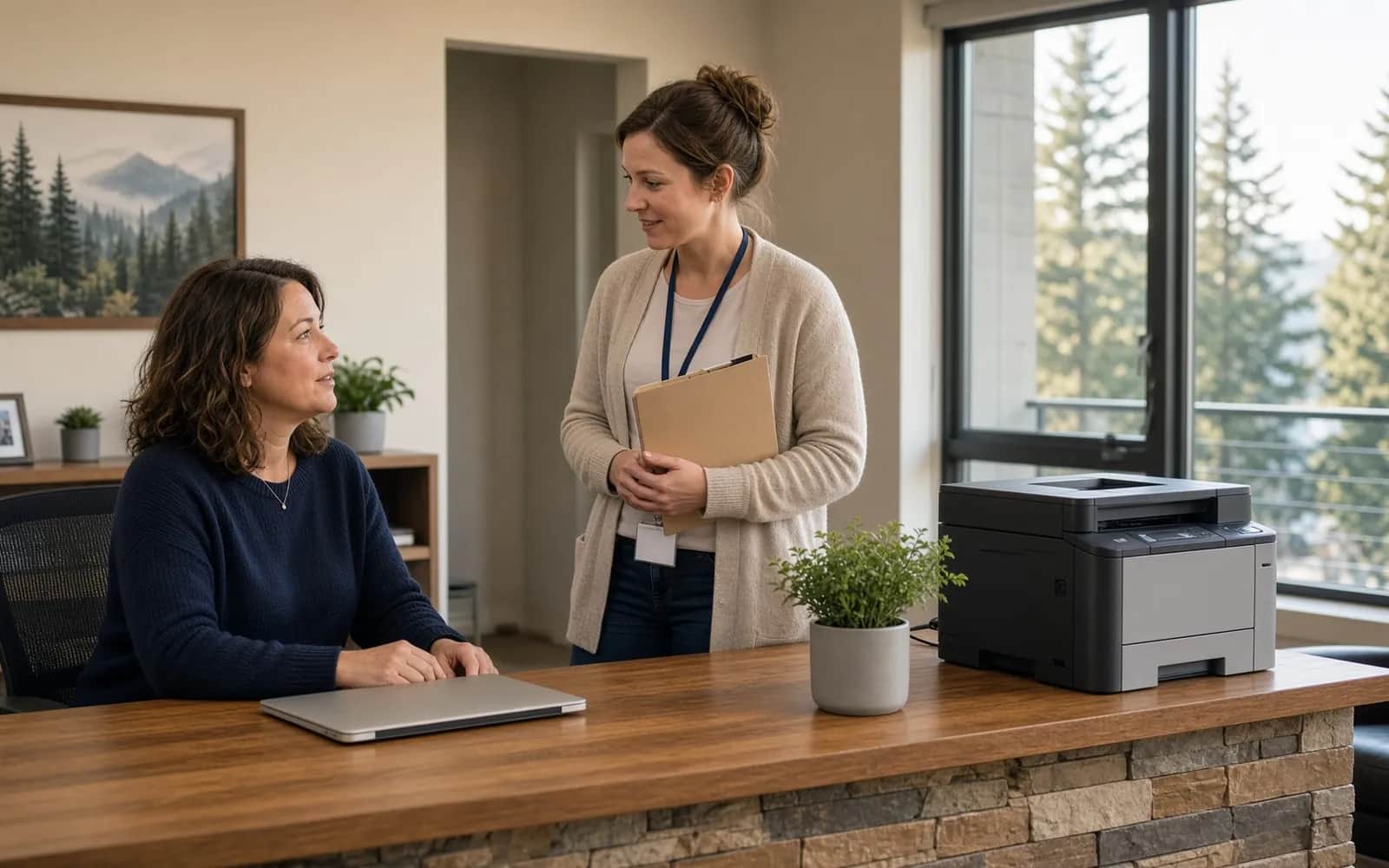 Leasing office staff working together at a reception desk