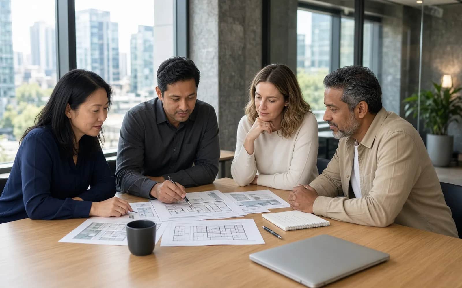 Property management professionals reviewing documents together in a conference room