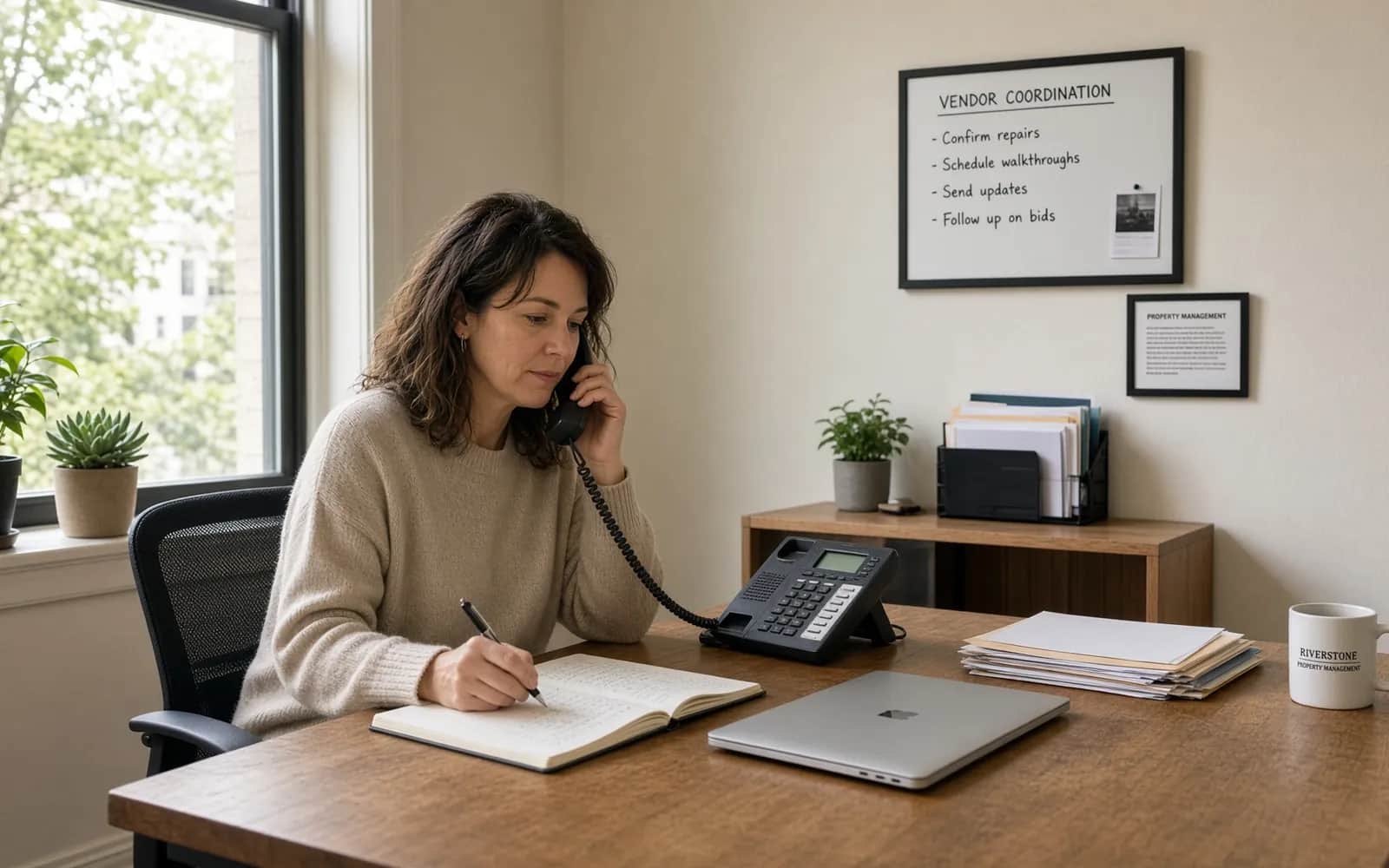 Property management professional coordinating a vendor or payment question by phone