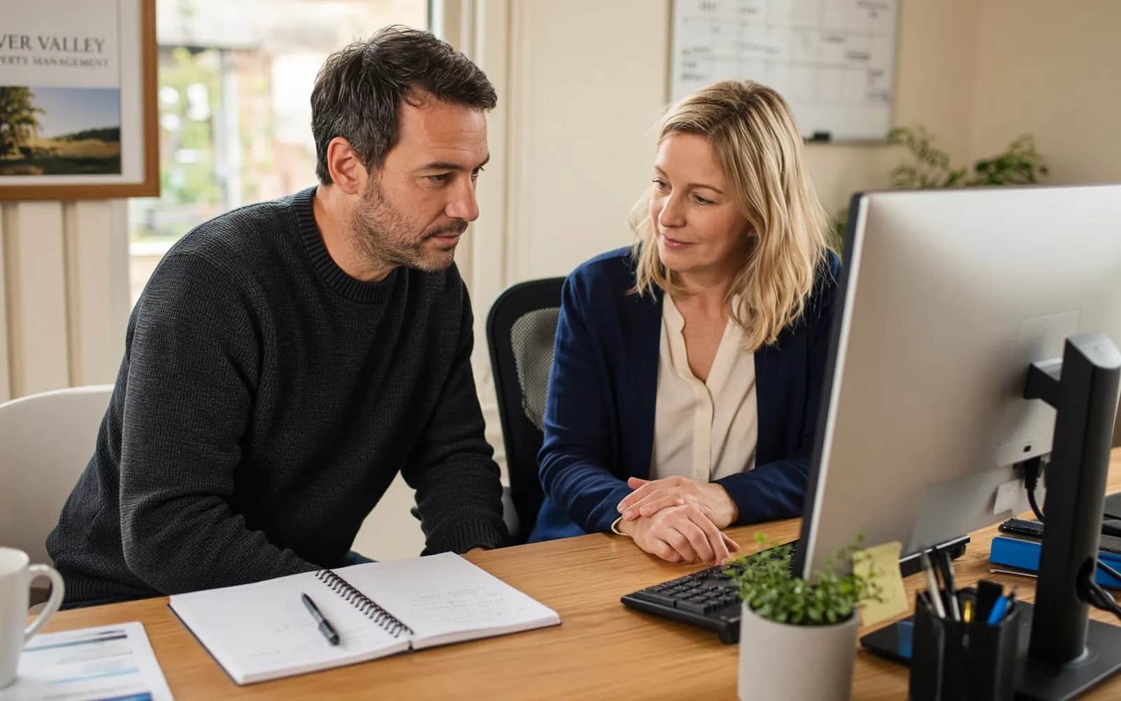 Employee receiving help with an office workstation and shared systems