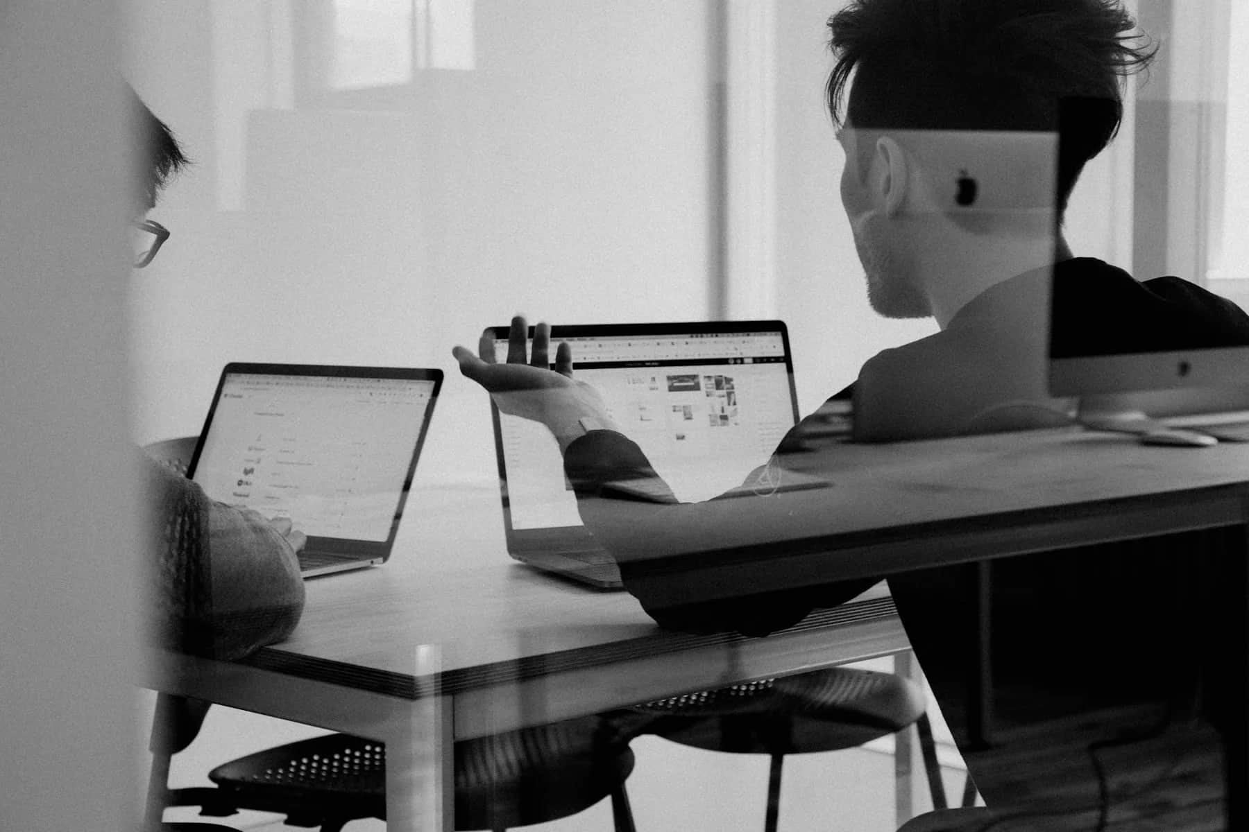 Professional team reviewing shared business software and files