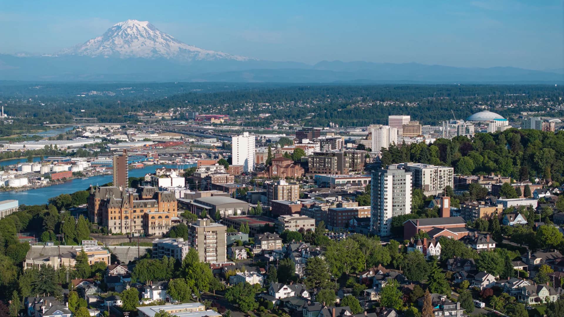 Aerial view of downtown Tacoma and Mount Rainier