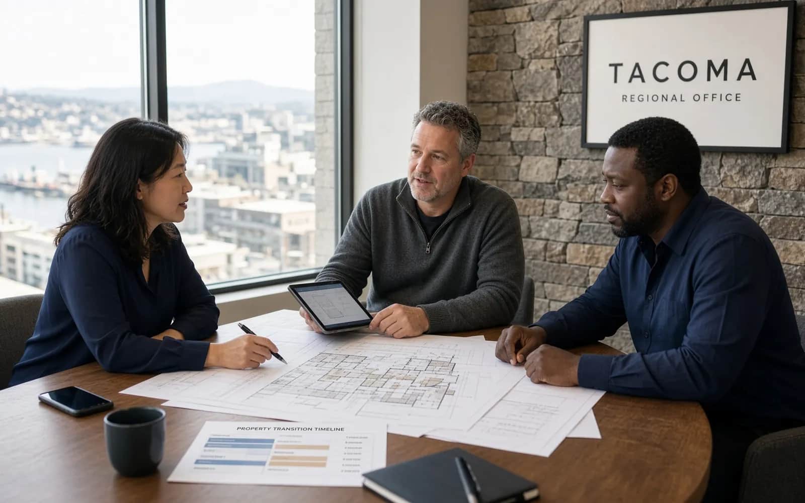 Property management team planning a transition around a conference table